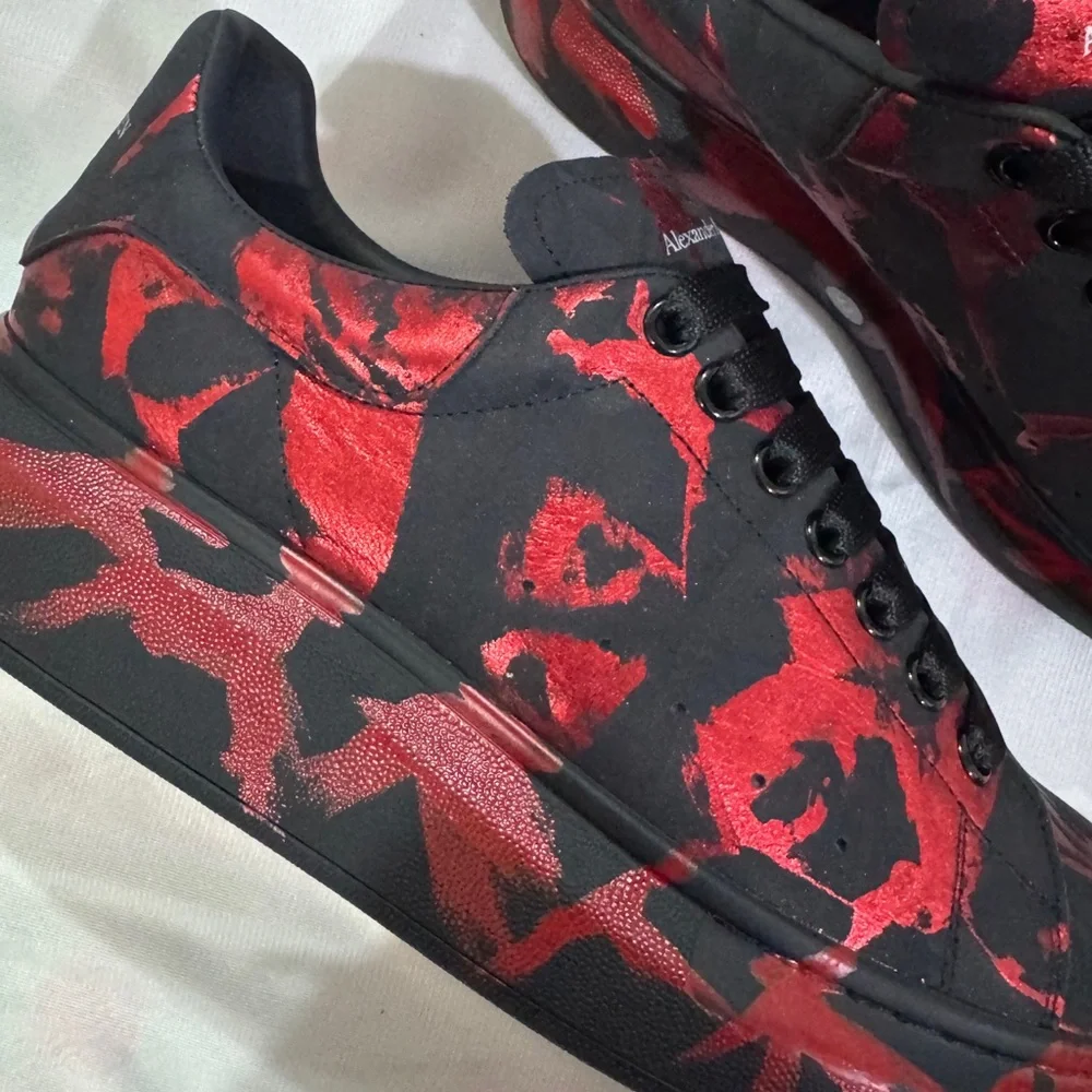 Alexander McQueen Black with Red Metallic Floral Low-Top Sneakers